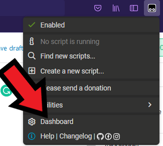 Select Dashboard from the dropdown menu of your chosen add-on or extension